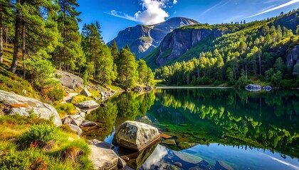 Verdant forest meets still lake beneath majestic mountain backdrop.