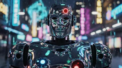 Chrome humanoid surveys vibrant cityscape - Powered by Adobe