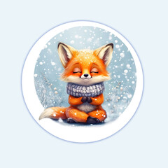 A fox cub meditates in winter against the backdrop of falling snow