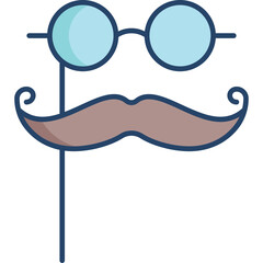 Illustration of a brown handlebar mustache and blue round spectacles attached to a stick for a costume party or photo booth prop against a transparent background