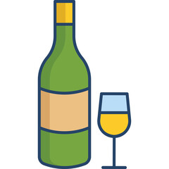 Green Wine Bottle with Label and Glass of Yellow Liquid on Transparent Background Vector Illustration