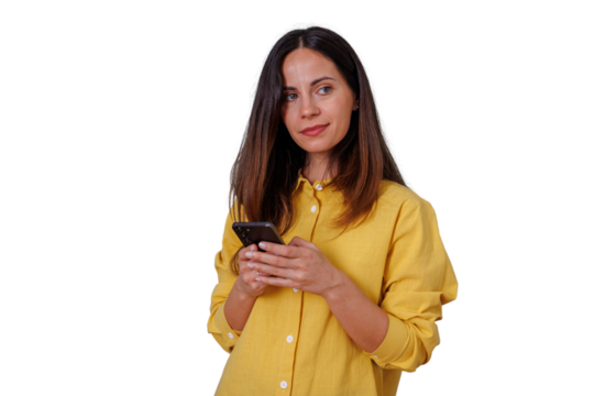 Woman holding smartphone, texting or thinking, looking away, contemplating message on transparent background