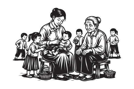 Generations of women sharing stories and family traditions