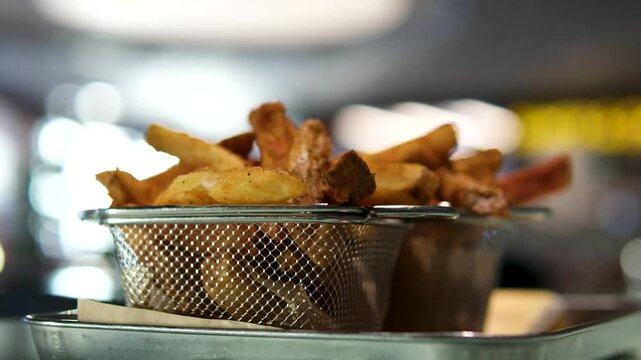 Vast pile of sweet, golden-brown fried ripe plantain slices cooling on a perforated stainless steel tray in commercial kitchen, with metal skimmer nearby