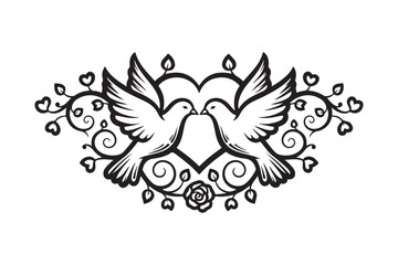 Two doves kissing with heart and floral embellishments