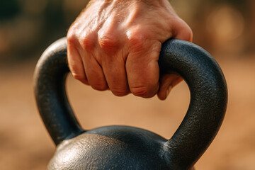Strength in Grip: A determined individual grips a heavy kettlebell, symbolizing power, fitness, and the pursuit of physical prowess.