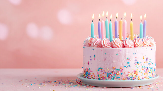 Colorful birthday cake with candles and sprinkles on a pink backdrop - Powered by Adobe