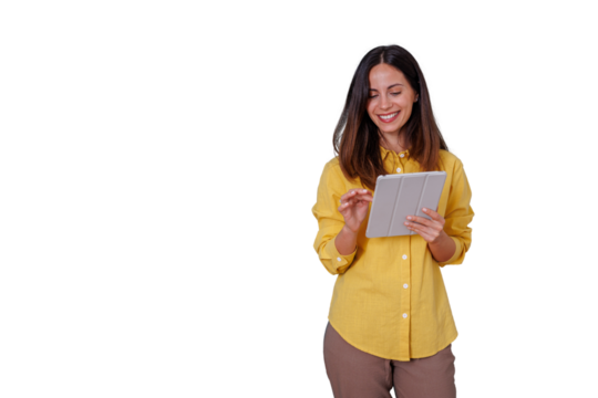 Young woman smiling, holding and using a tablet, browsing digital content with a happy expression. Transparent background