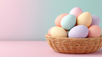 Colorful pastel eggs in a basket on a table for Easter celebration