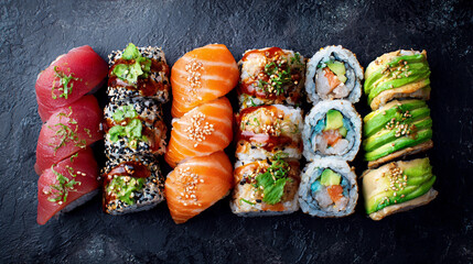 Colorful sushi rolls arranged on a dark stone surface