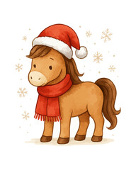 A cute Christmas horse wearing a Santa hat and scarf. New Year's vector illustration of a pony with winter snowflakes. Suitable for holiday cards and children's designs.