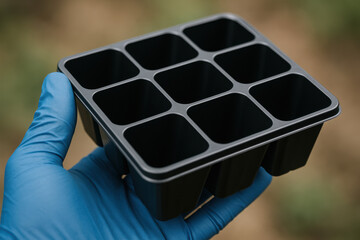 Nurturing Beginnings: A close-up of a hand gently cradling an empty seedling tray, symbolizing growth, potential, and the promise of new life.