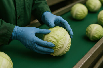 Harvest Harmony: A gloved hands carefully examines a fresh head of cabbage on a verdant conveyor belt in a vegetable processing facility, symbolizing agricultural precision and food quality.