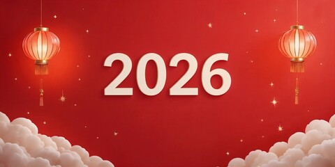 Festive red Lunar New Year 2026 image with glowing lanterns and clouds, symbolizing wealth and prosperity.