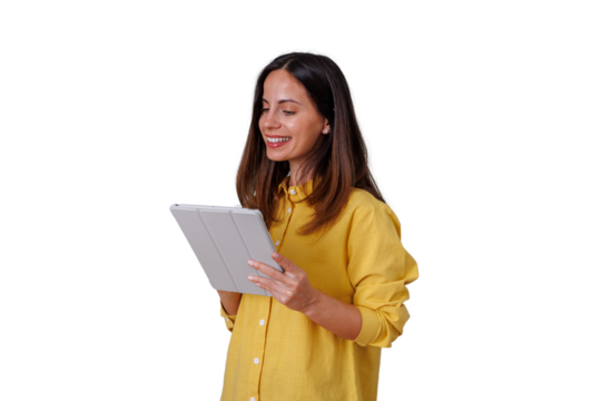 Happy woman using digital tablet, smiling, browsing or working online, enjoying technology on transparent background