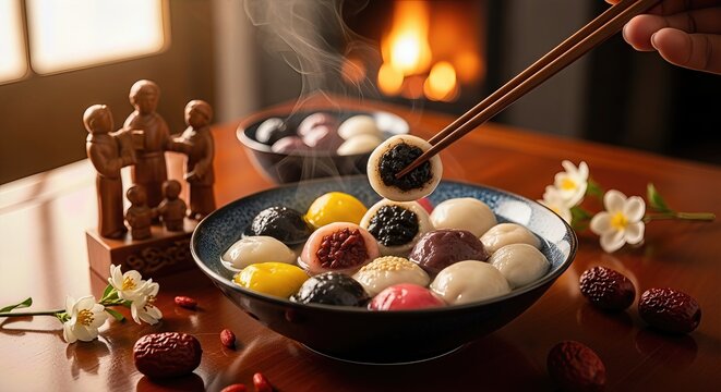 Dongzhi Winter Solstice celebration with sweet glutinous rice dumplings. Steaming colorful tangyuan dessert in a bowl, a hand picking one with chopsticks, warm festive setting.