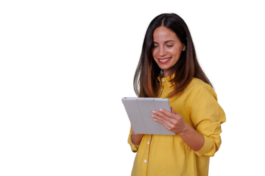 Woman smiling and engaging with digital tablet, browsing social media or working online, transparent background