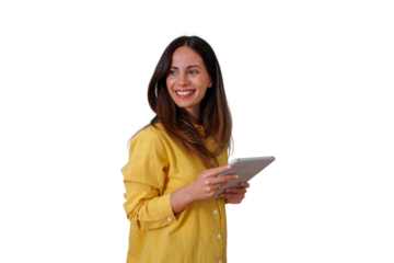 Woman holding a tablet and smiling, enjoying technology and digital communication, a happy professional on a transparent background