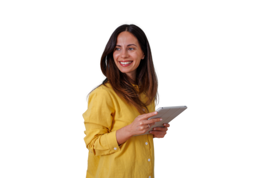 Woman holding a tablet and smiling, enjoying technology and digital communication, a happy professional on a transparent background - Powered by Adobe