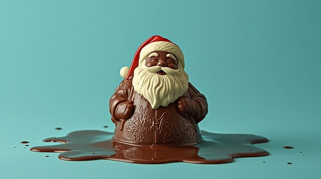 Melting chocolate Santa Claus figure on a pastel turquoise background, creating a humorous festive scene with warm holiday vibes, glossy textures, and playful winter sweetness