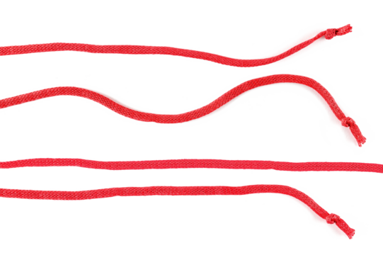 Red string, set rope isolated on white background, top view