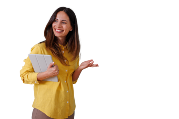 Woman presenting and smiling, holding a tablet and gesturing, discussing business on transparent background