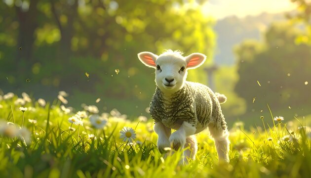 Young lamb trots through a sunlit meadow of daisies in soft spring light.