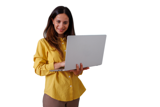 Woman working on laptop, developing business, connecting online, managing remote work, standing with computer on transparent background