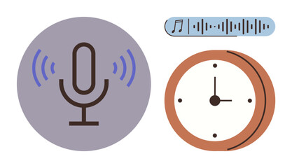 Microphone with radiating waves, sound waveform, and wall clock illustrating audio recording, time, and podcasts. Ideal for media, communication, productivity, broadcasting creativity podcasts