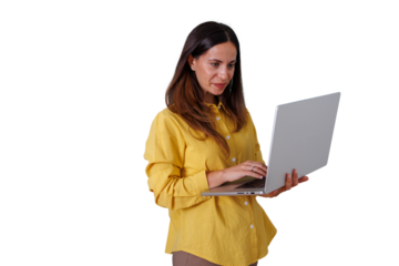 Woman standing and working on laptop, typing on keyboard, performing remote work, transparent background