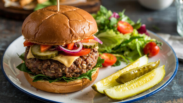 The plant-based burger comes with a tangy side of pikle spears and a small sald.