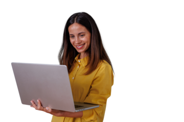 Woman smiling, holding laptop, working remotely, using technology for a happy freelance business on transparent background
