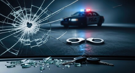 Drunk driving consequence, broken windshield, police car lights flashing, handcuffs, car keys on dashboard, severe accident, legal penalty, irresponsible behavior.