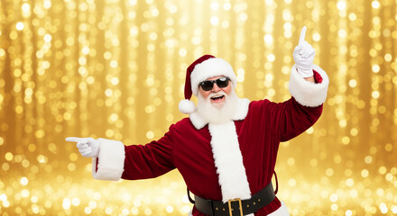 Smiling figure in red Santa suit with white trim, wearing sunglasses, gesturing against gold bokeh background, representing festive mood and celebration