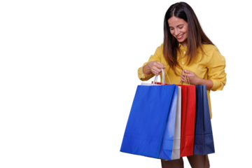 Happy woman holding colorful shopping bags after successful retail therapy, enjoying purchase on transparent background