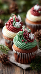 Festive Christmas Cupcakes with Red and Green Swirled Frosting and Snowflake Decoration on Rustic Wooden Table