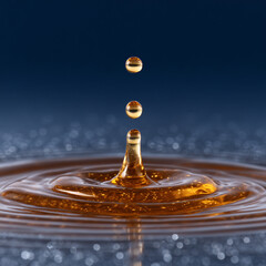 Macro Shot of Golden Liquid Drop Falling with Ripples on Dark Blue Bokeh Background - Concept for Oil, Serum or Honey