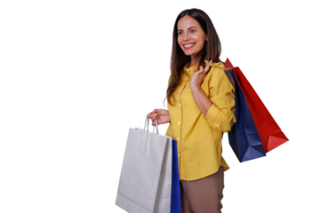 Happy woman enjoying successful shopping, carrying colorful bags over shoulder and in hand, retail consumerism concept, transparent background