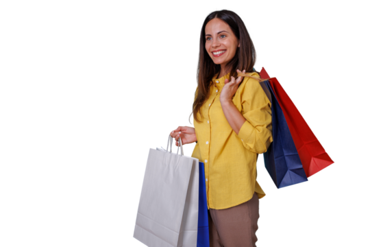 Happy woman enjoying successful shopping, carrying colorful bags over shoulder and in hand, retail consumerism concept, transparent background