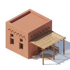Isometric rendition of a traditional adobe house with a reed shade structure