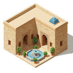 Isometric rendition showcasing courtyard with a fountain and flourishing pots