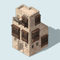 Isometric rendition of a traditional Middle Eastern residential building