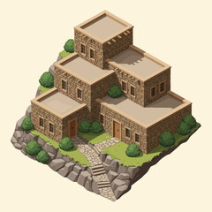 Isometric Residential Architecture of Adobe Bricks with Stone Pathway Illustration