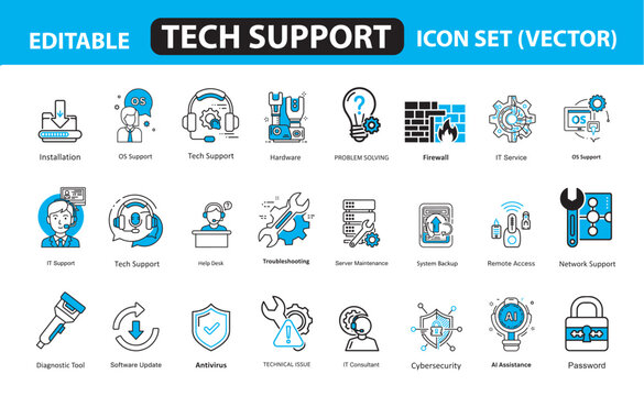Art & IllustrationTech Support Icon Set – IT Support, Troubleshooting, Help Desk, Cybersecurity, System Backup, AI Assistance & Problem-Solving Icons for Software, Web, Apps, and Infographics