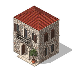 Isometric stone house with a red tiled roof and potted olive tree illustration