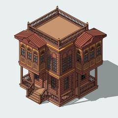 Isometric view of a three-story traditional wooden Ottoman house design