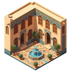Isometric View of a Traditional Islamic Courtyard with Fountain and Plants