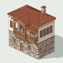 Isometric View of a Traditional Two-Story House with Stone Foundation