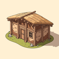 Stylized Medieval Thatched Cottage Isometric Illustration for Game Assets