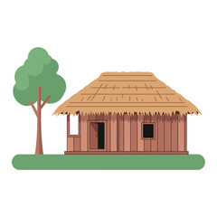 Stylized Thatch Hut Illustration with Lush Green Tree and Peaceful Ambiance